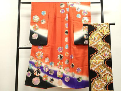 平和屋着物∵女の子 十三参り 子供 祝着・袋帯セット 駒刺繍 草花丸文 暈し染め 金彩 逸品 CAAZ7080ze
