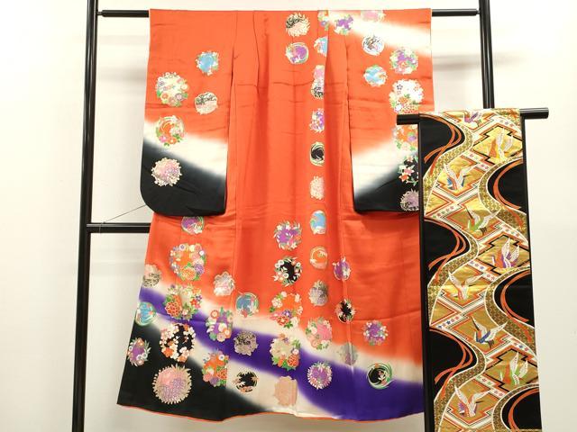 平和屋着物∵女の子 十三参り 子供 祝着・袋帯セット 駒刺繍 草花丸文 暈し染め 金彩 逸品 CAAZ7080ze