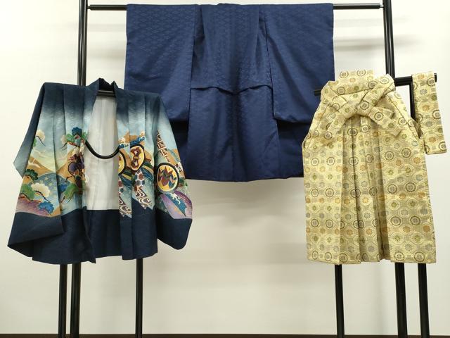 平和屋着物[]七五三　男の子　祝着・羽織・袴セット　藍鉄色　龍　兜　吉祥松文　暈し染め　洗える着物　CAAZ7082ze