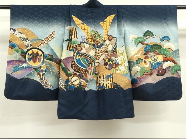 平和屋着物[]七五三　男の子　祝着・羽織・袴セット　藍鉄色　龍　兜　吉祥松文　暈し染め　洗える着物　CAAZ7082ze