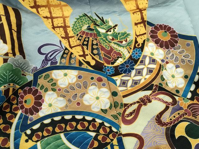 平和屋着物[]七五三　男の子　祝着・羽織・袴セット　藍鉄色　龍　兜　吉祥松文　暈し染め　洗える着物　CAAZ7082ze
