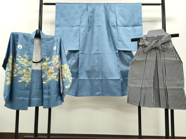 平和屋着物[]七五三　男の子　祝着・羽織・行灯袴セット　薄縹色　駒刺繍　鷹　宝尽くし　洗える着物　CAAZ7083ze