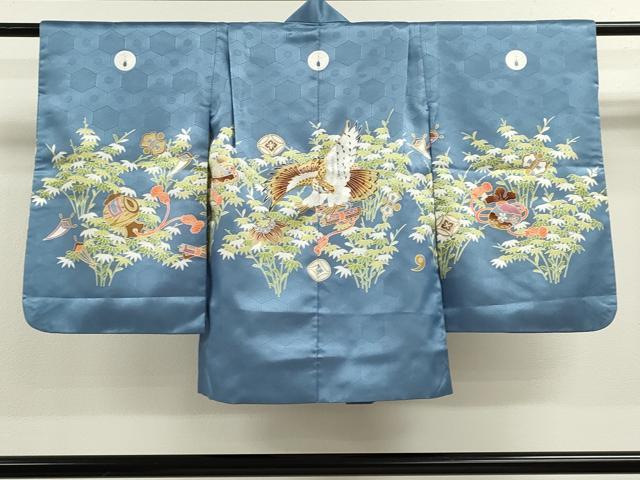 平和屋着物[]七五三　男の子　祝着・羽織・行灯袴セット　薄縹色　駒刺繍　鷹　宝尽くし　洗える着物　CAAZ7083ze