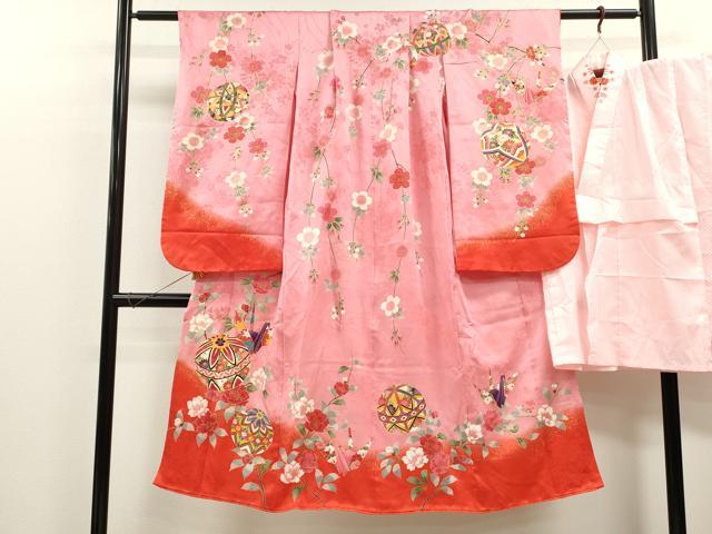 平和屋着物[]七五三　女の子　７歳　祝着　四つ身　袋帯セット　折り鶴　鞠枝花文　暈し染め　金彩　逸品　CAAZ7084ze