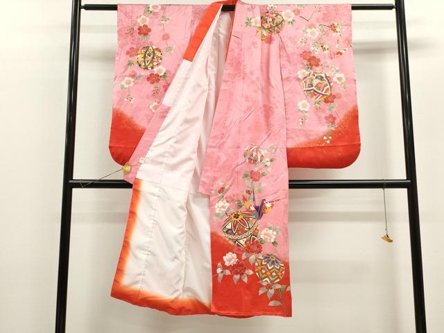 平和屋着物[]七五三　女の子　７歳　祝着　四つ身　袋帯セット　折り鶴　鞠枝花文　暈し染め　金彩　逸品　CAAZ7084ze