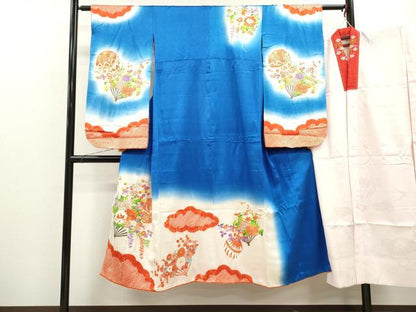 平和屋着物[]七五三　女の子　７歳　祝着　四つ身　長襦袢セット　絞り　雲取り鞠扇面花文　暈し染め　金彩　逸品　CAAZ7085ze