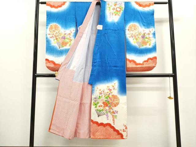 平和屋着物[]七五三　女の子　７歳　祝着　四つ身　長襦袢セット　絞り　雲取り鞠扇面花文　暈し染め　金彩　逸品　CAAZ7085ze