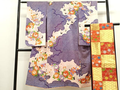 平和屋着物[]七五三　女の子　７歳　祝着　四つ身　袋帯セット　駒刺繍　群鶴草花文　金彩　逸品　CAAZ7086ze