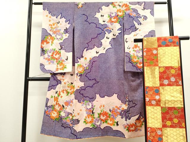 平和屋着物[]七五三　女の子　７歳　祝着　四つ身　袋帯セット　駒刺繍　群鶴草花文　金彩　逸品　CAAZ7086ze
