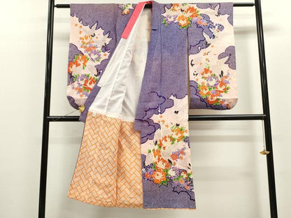 平和屋着物[]七五三　女の子　７歳　祝着　四つ身　袋帯セット　駒刺繍　群鶴草花文　金彩　逸品　CAAZ7086ze
