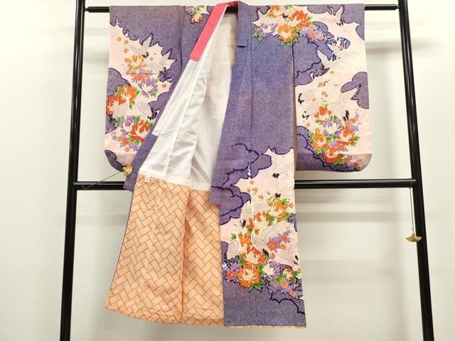 平和屋着物[]七五三　女の子　７歳　祝着　四つ身　袋帯セット　駒刺繍　群鶴草花文　金彩　逸品　CAAZ7086ze