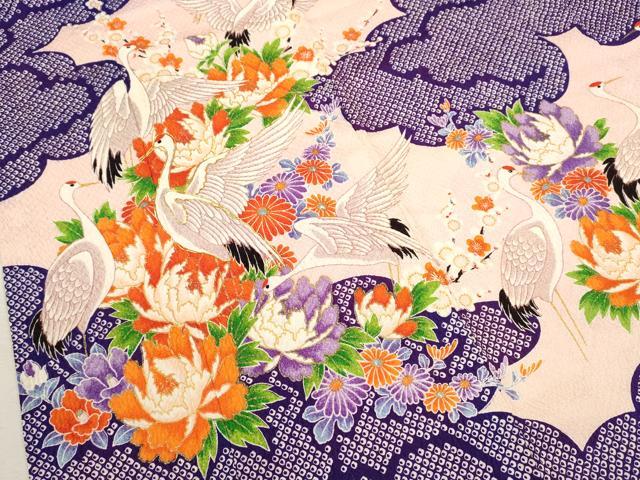 平和屋着物[]七五三　女の子　７歳　祝着　四つ身　袋帯セット　駒刺繍　群鶴草花文　金彩　逸品　CAAZ7086ze