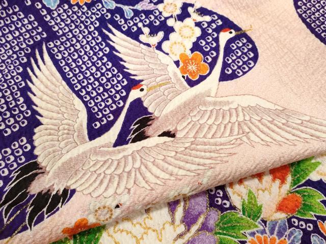 平和屋着物[]七五三　女の子　７歳　祝着　四つ身　袋帯セット　駒刺繍　群鶴草花文　金彩　逸品　CAAZ7086ze