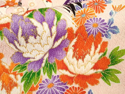 平和屋着物[]七五三　女の子　７歳　祝着　四つ身　袋帯セット　駒刺繍　群鶴草花文　金彩　逸品　CAAZ7086ze