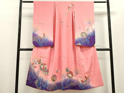 平和屋着物[]七五三　女の子　７歳　祝着　四つ身　鞠舞蝶花文　たたき染め　金銀彩　逸品　CAAZ7087ze
