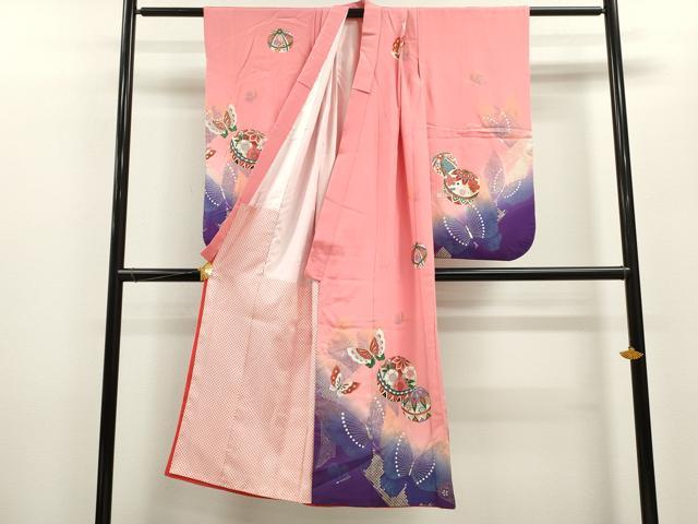 平和屋着物[]七五三　女の子　７歳　祝着　四つ身　鞠舞蝶花文　たたき染め　金銀彩　逸品　CAAZ7087ze
