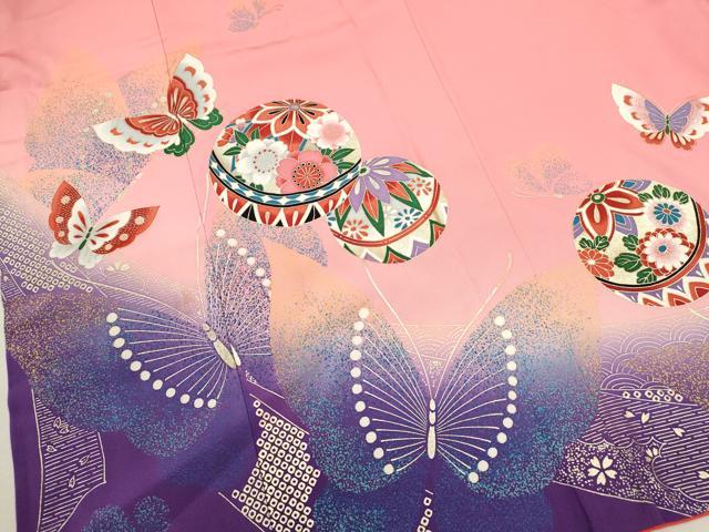 平和屋着物[]七五三　女の子　７歳　祝着　四つ身　鞠舞蝶花文　たたき染め　金銀彩　逸品　CAAZ7087ze
