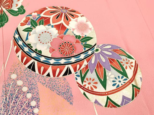 平和屋着物[]七五三　女の子　７歳　祝着　四つ身　鞠舞蝶花文　たたき染め　金銀彩　逸品　CAAZ7087ze