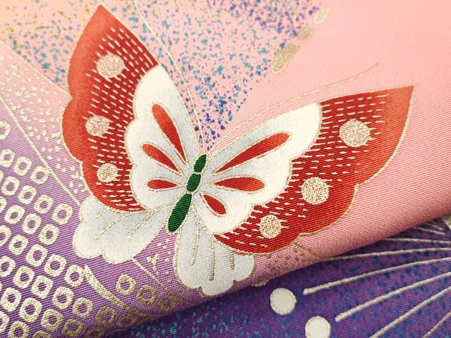 平和屋着物[]七五三　女の子　７歳　祝着　四つ身　鞠舞蝶花文　たたき染め　金銀彩　逸品　CAAZ7087ze