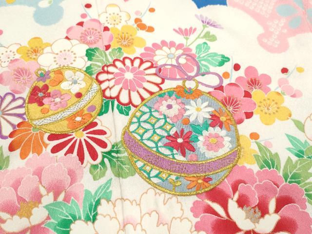 平和屋着物[]七五三　女の子　７歳　祝着　四つ身　袋帯セット　刺繍　鈴　舞花文　金彩　洗える着物　CAAZ7088ze