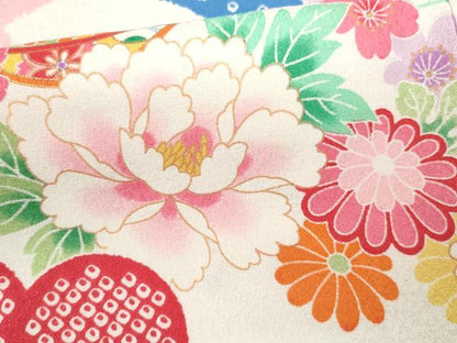 平和屋着物[]七五三　女の子　７歳　祝着　四つ身　袋帯セット　刺繍　鈴　舞花文　金彩　洗える着物　CAAZ7088ze