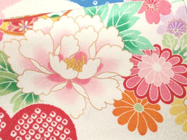 平和屋着物[]七五三　女の子　７歳　祝着　四つ身　袋帯セット　刺繍　鈴　舞花文　金彩　洗える着物　CAAZ7088ze