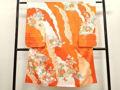 平和屋着物[]七五三　女の子　７歳　祝着　四つ身　雪芝扇面草花文　金彩　CAAZ7090ze