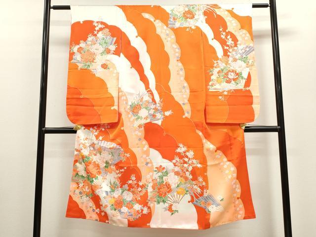 平和屋着物[]七五三　女の子　７歳　祝着　四つ身　雪芝扇面草花文　金彩　CAAZ7090ze