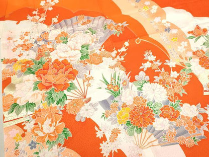 平和屋着物[]七五三　女の子　７歳　祝着　四つ身　雪芝扇面草花文　金彩　CAAZ7090ze