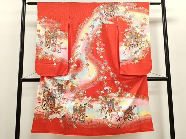平和屋着物[]七五三　女の子　７歳　祝着　四つ身　御所車飛鶴枝垂れ花文　金彩　逸品　CAAZ7091ze