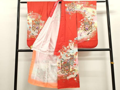 平和屋着物[]七五三　女の子　７歳　祝着　四つ身　御所車飛鶴枝垂れ花文　金彩　逸品　CAAZ7091ze