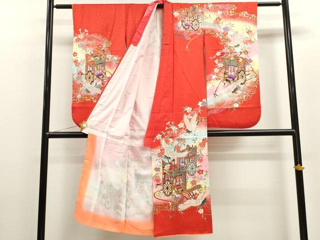 平和屋着物[]七五三　女の子　７歳　祝着　四つ身　御所車飛鶴枝垂れ花文　金彩　逸品　CAAZ7091ze