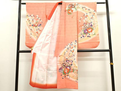 平和屋着物[]七五三　女の子　７歳　祝着　四つ身　折り鶴　鞠草花文　暈し染め　金彩　洗える着物　CAAZ7092ze