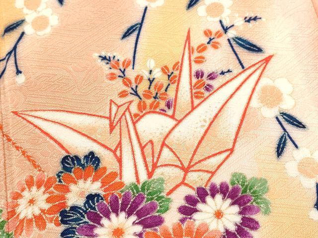 平和屋着物[]七五三　女の子　７歳　祝着　四つ身　折り鶴　鞠草花文　暈し染め　金彩　洗える着物　CAAZ7092ze