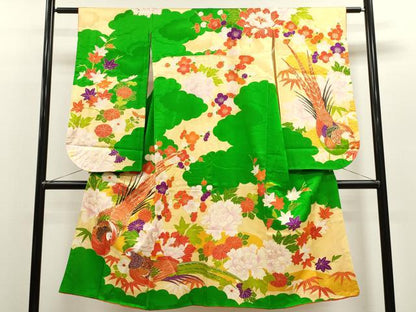 平和屋着物[]七五三　女の子　７歳　祝着　四つ身　駒刺繍　尾長鳥雲取り草花文　金彩　逸品　CAAZ7093ze