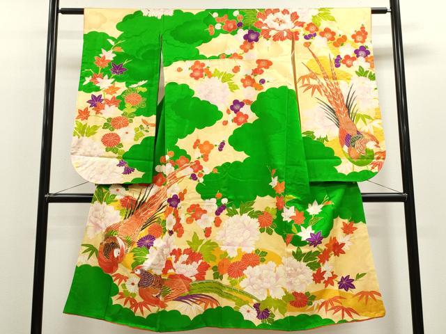 平和屋着物[]七五三　女の子　７歳　祝着　四つ身　駒刺繍　尾長鳥雲取り草花文　金彩　逸品　CAAZ7093ze