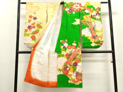平和屋着物[]七五三　女の子　７歳　祝着　四つ身　駒刺繍　尾長鳥雲取り草花文　金彩　逸品　CAAZ7093ze