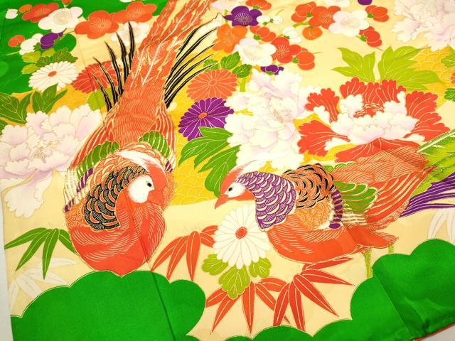 平和屋着物[]七五三　女の子　７歳　祝着　四つ身　駒刺繍　尾長鳥雲取り草花文　金彩　逸品　CAAZ7093ze