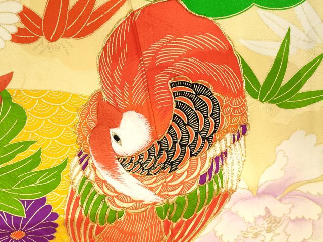 平和屋着物[]七五三　女の子　７歳　祝着　四つ身　駒刺繍　尾長鳥雲取り草花文　金彩　逸品　CAAZ7093ze