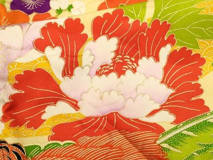 平和屋着物[]七五三　女の子　７歳　祝着　四つ身　駒刺繍　尾長鳥雲取り草花文　金彩　逸品　CAAZ7093ze