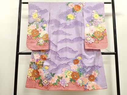 平和屋着物[]七五三　女の子　７歳　祝着　四つ身　駒刺繍　雲取り御所車草花文　金彩　CAAZ7095ze