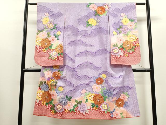 平和屋着物[]七五三　女の子　７歳　祝着　四つ身　駒刺繍　雲取り御所車草花文　金彩　CAAZ7095ze