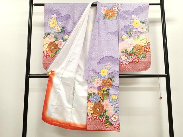 平和屋着物[]七五三　女の子　７歳　祝着　四つ身　駒刺繍　雲取り御所車草花文　金彩　CAAZ7095ze