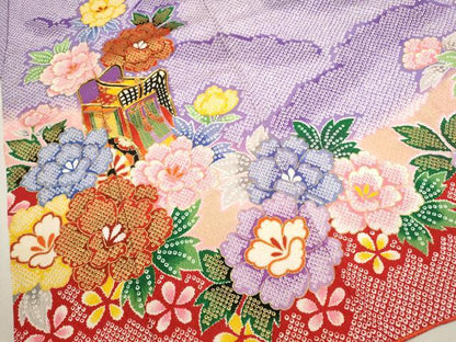 平和屋着物[]七五三　女の子　７歳　祝着　四つ身　駒刺繍　雲取り御所車草花文　金彩　CAAZ7095ze