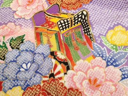 平和屋着物[]七五三　女の子　７歳　祝着　四つ身　駒刺繍　雲取り御所車草花文　金彩　CAAZ7095ze