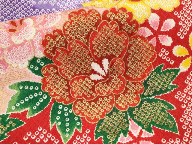 平和屋着物[]七五三　女の子　７歳　祝着　四つ身　駒刺繍　雲取り御所車草花文　金彩　CAAZ7095ze