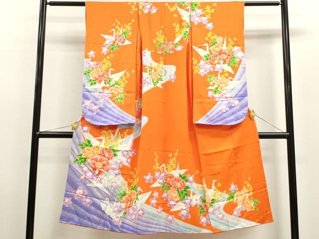 平和屋着物[]七五三　女の子　７歳　祝着　四つ身　折り鶴　草花文　逸品　CAAZ7096ze