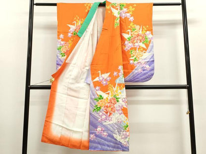 平和屋着物[]七五三　女の子　７歳　祝着　四つ身　折り鶴　草花文　逸品　CAAZ7096ze