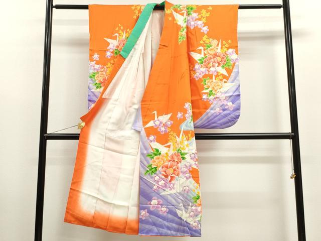 平和屋着物[]七五三　女の子　７歳　祝着　四つ身　折り鶴　草花文　逸品　CAAZ7096ze