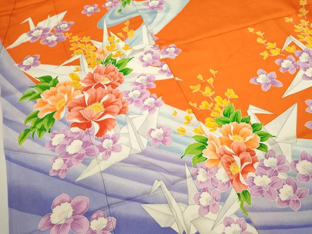 平和屋着物[]七五三　女の子　７歳　祝着　四つ身　折り鶴　草花文　逸品　CAAZ7096ze